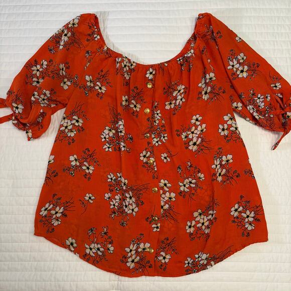 love J Tops - Love J Orange Floral Boho Peasant Tie Short Sleeve Blouse Womens 1X